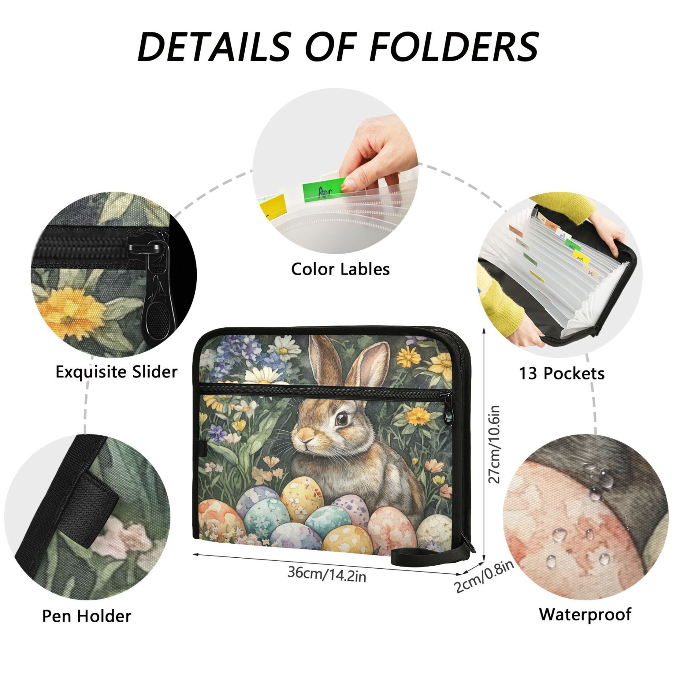 WOBOGO Easter Gray Bunny Expanding File Folder Letter Size Accordion Filing Organizer 13 Pocket Separate Organ Pocket