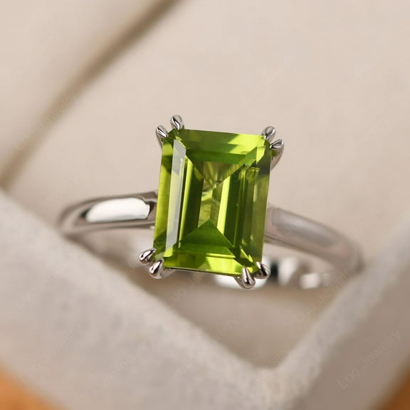 Peridot ring, emerald cut gemstone engagement ring 925 sterling silver ring