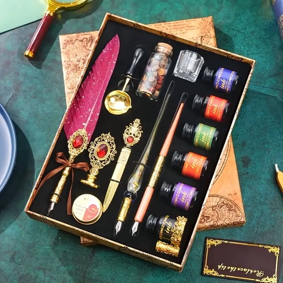 Antique Vintage Feather Pen & Calligraphy Pens for Writing - Quill Pen and Ink Set with Wax Seal Stamp Kit - Elegant Calligraphy Set for Writers, Artists & History Lovers