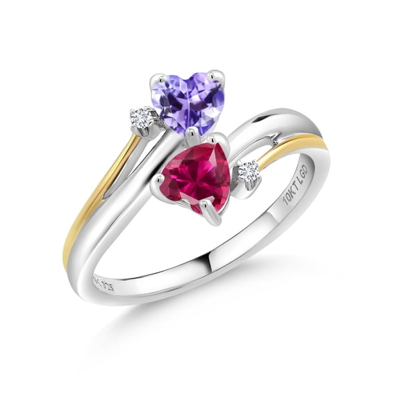 Gem Stone King 1.12 Ct Blue Tanzanite Red Created Ruby 925 Silver and 10K Yellow Gold Ring (Size 9)