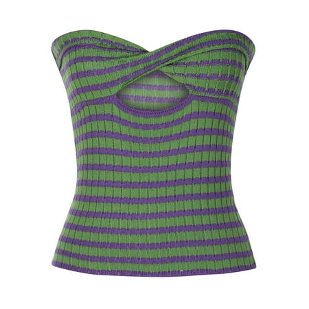 

Hfyihgf Womens Striped Knit Bandeau Tops Sexy Strapless Sleeveless Twist Front Hollow Out Backless Tube Crop Top Bustier Club Party(Purple S)
