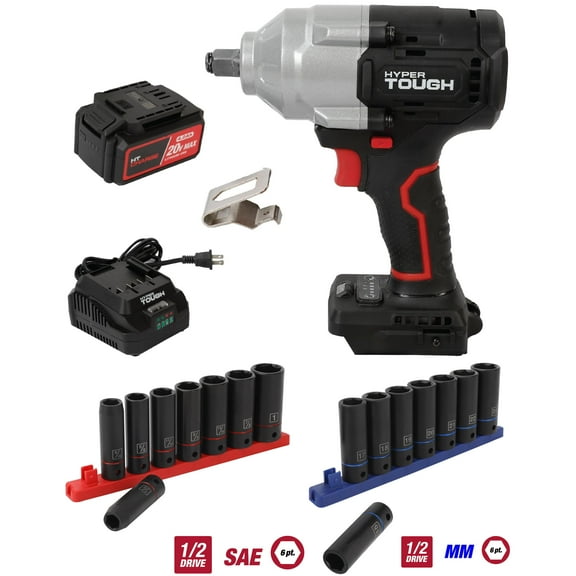 Hyper Tough 20V 1/2-in Mid-Torque Cordless Impact Wrench with 18-Piece 1/2-in SAE and Metric Deep Impact Socket Kit