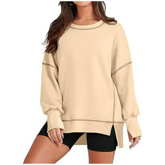 Womens Casual Crewneck Sweatshirt Batwing Long Sleeve Side Slit Tops Oversized Loose Fit Lightweight Sweatshirt