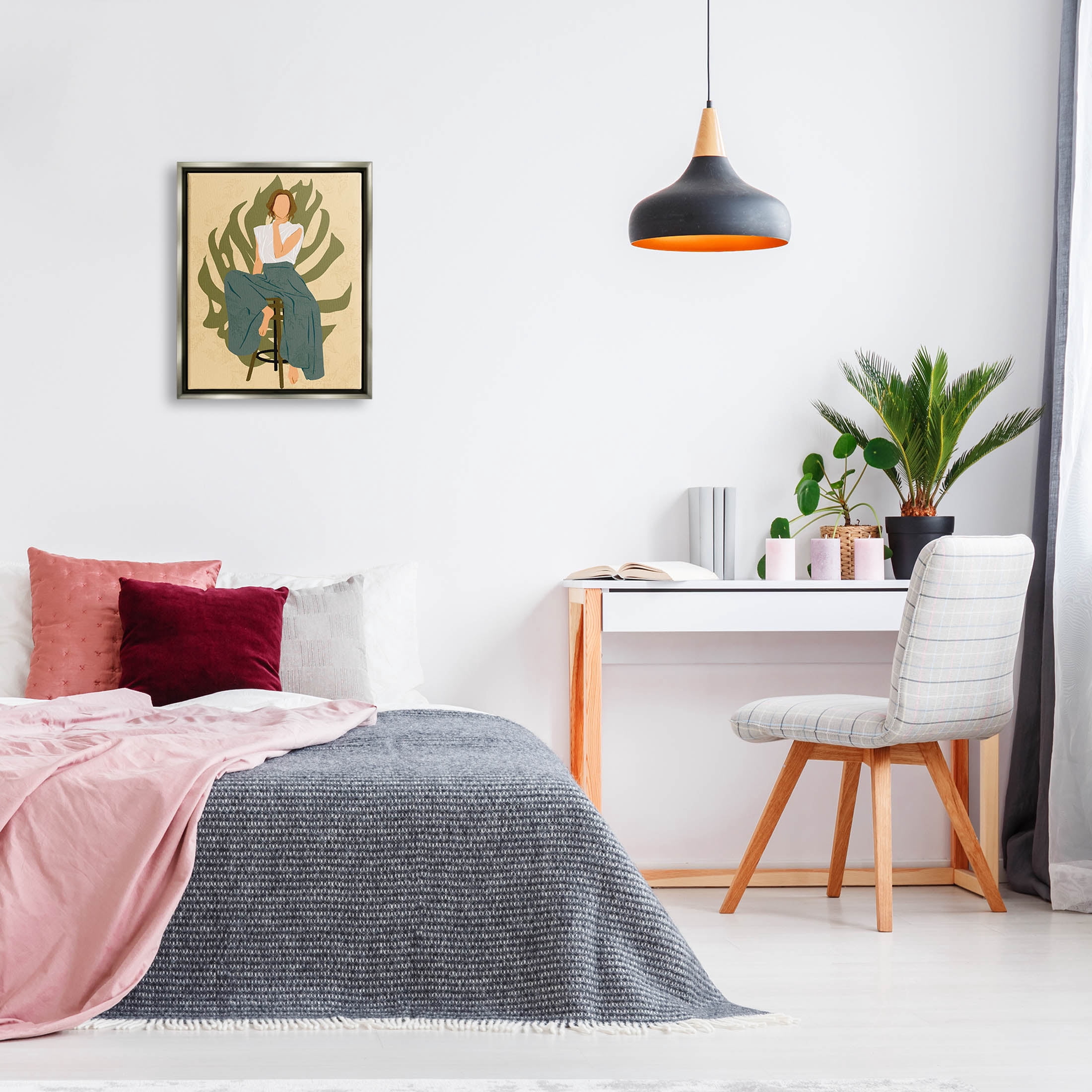 Boho Woman Sitting Plant Leaf Botanical & Floral Graphic Art Luster Gray Framed Art Print Wall Art