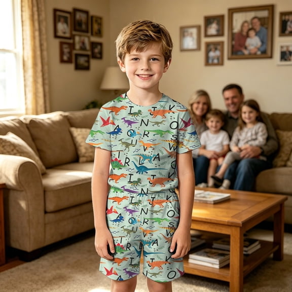 Angala Outfit For Toddler Boys Cartoon Dinosaur Graphic Short Sleeve Crew Neck T Shirt Shorts Set Boys Fall Casual Clothes