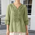 thumbnail image 2 of Yigetop Women's Notch V Neck Linen Blouse 3/4 Puff Sleeve Print Loose Fit Lightweight Casual Summer Shirt Green L, 2 of 4