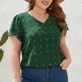 thumbnail image 3 of Camiseta de talla grande para mujer, cuello en V, Jacquard, punto, manga con volantes, informal, holgado, jersey de verano, Top verde 4XL, 3 of 6