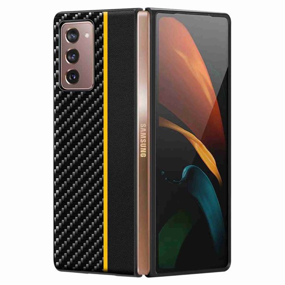 Dteck Samsung Galaxy Z Fold 2 Case, Carbon Fiber Texture Leather Case for Samsung Z Fold 3 (7.6"), Shockproof 360 Full Protection Fold 2 (2020) Cover(Yellow)