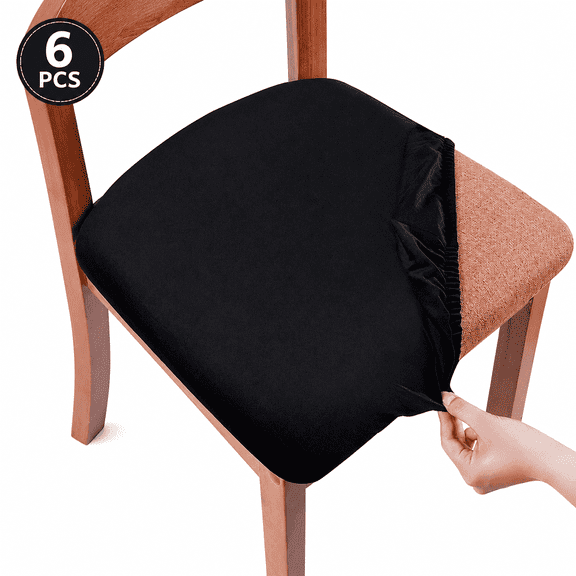 6 Pack Velvet Chair Seat Covers for Dining Room Chairs, Stretch Fit Removable Washable Seat Cushion Protectors with Elastic Bands and Ties, Black