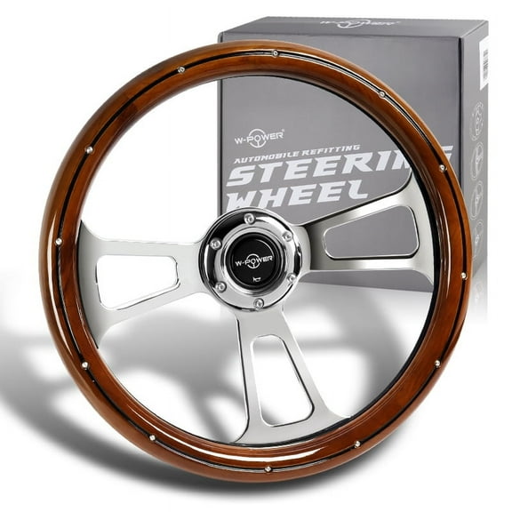 W-Power 343MM 13.5" Dark Wood Grip 6-Hole Chrome 3-Spoke Vintage Steering Wheel