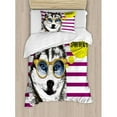 thumbnail image 3 of Alaskan Malamute Queen Size Duvet Cover Set, Purple Stripes with Husky Sketch Yellow Hipster Glasses Hello Summer Quote, Decorative 3 Piece Bedding Set with 2 Pillow Shams, Multicolor, by Ambesonne, 3 of 3