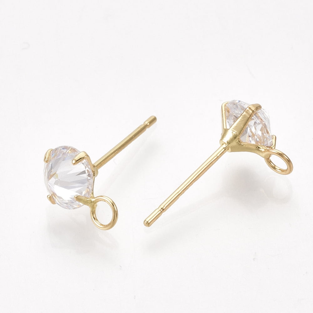 50pcs Brass Stud Earring Findings with Cubic Zirconia and Loop Cadmium Free & Nickel Free Clear Real 18K golden Plated 10x6.5mm Hole: 2mm Pin: 0.8mm