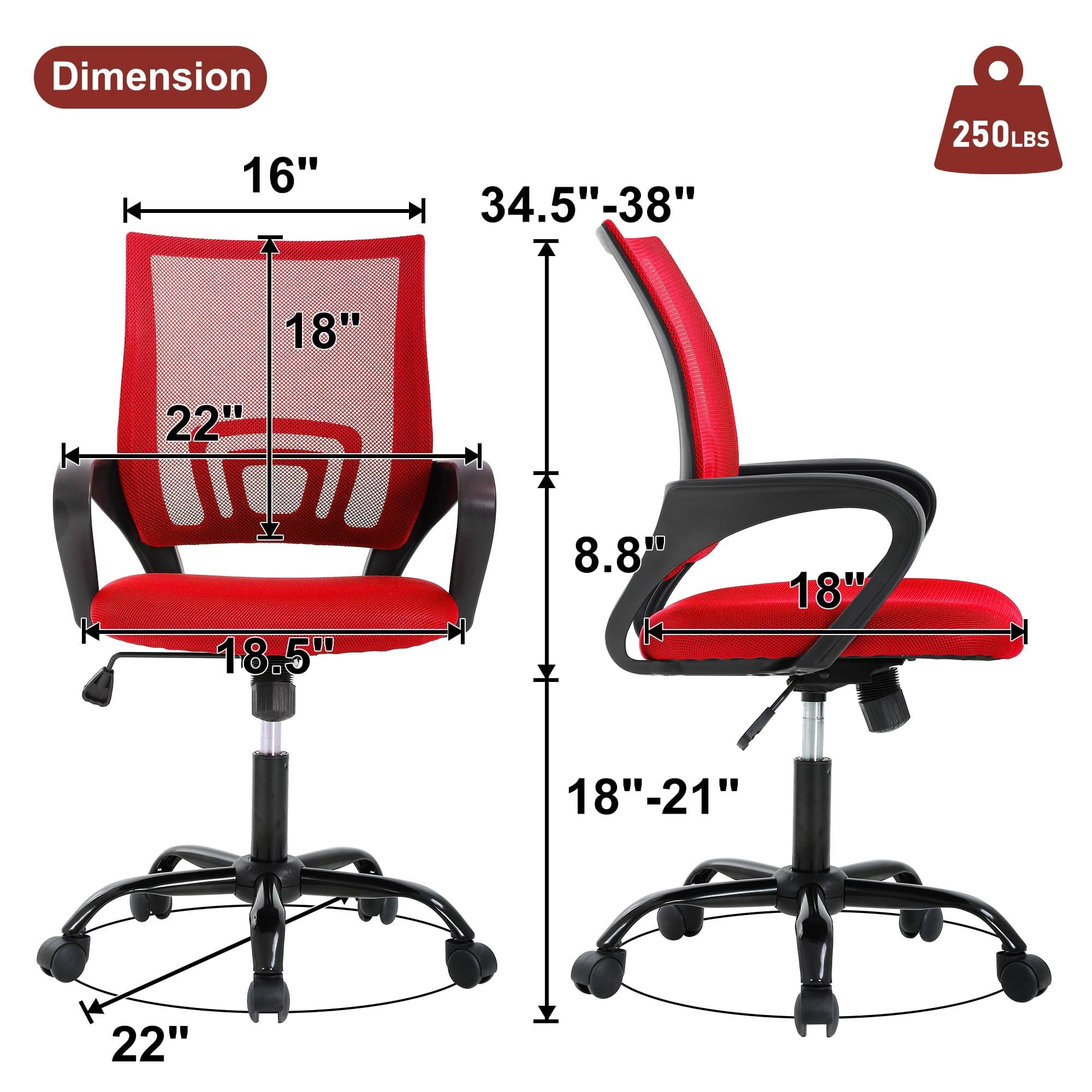 CL.HPAHKL Ergonomic Desk Chair, Mid-Back Mesh Office Chair with Wheels, Rolling Swivel Computer Task Chair for Home Office, Fixed Armrests, Tilt & Height Adjustable, Red