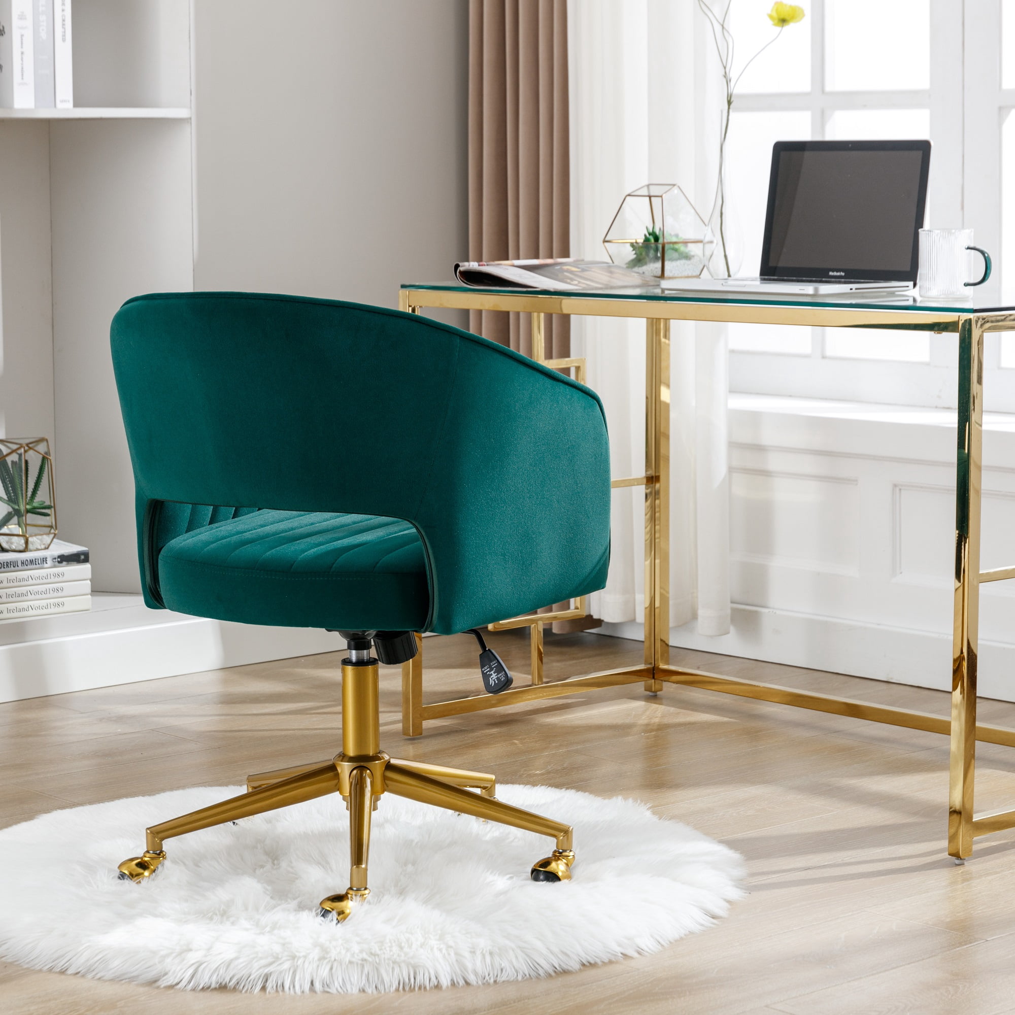 KCC Velvet Office Chair for Women, Swivel Vanity Desk Chair with Gold Base and Wheels, Adjustable Upholstered Chair for Bedroom, Makeup Room and Home Office(Green)