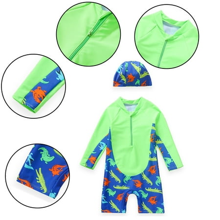 

Qudderr Baby Toddler Boys One Piece Swimsuit with Cap Long Sleeve Bathing Suit UV Protective Swimwear for Kids 2-8 Years