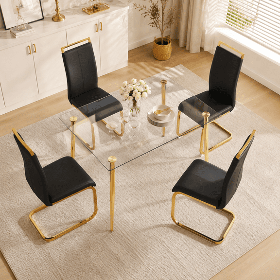 LUFTUT 5-Piece Luxury Gold Dining Table Set, 51" Rectangle Tempered Glass Kitchen Table with 4 Black PU Leather Cantilever Chairs, Modern Glam Dining Ensemble for Small Spaces, Apartment