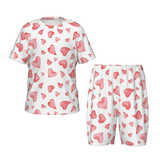 Fotbe Hearts Pijama Estampada de 2 Piezas para Niños – Ropa de Dormir de Manga Corta Cómoda para Niños y Niñas, Camiseta y Shorts de Algodón-Small