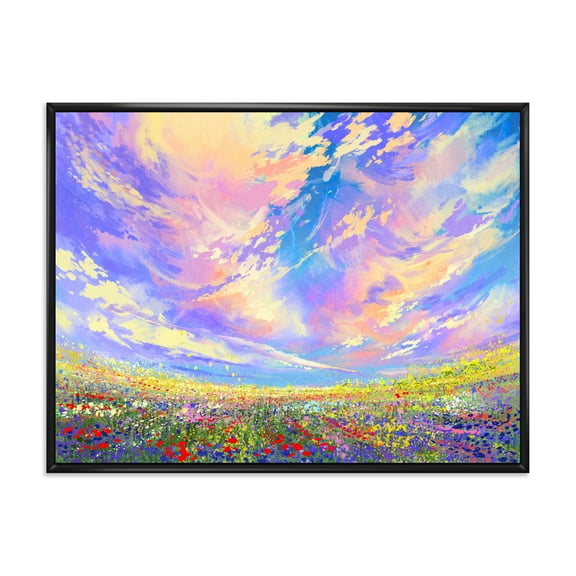 Designart 'Gorgeous Clouds Over Colorful Flowers In Field' Traditional Framed Canvas Wall Art Print