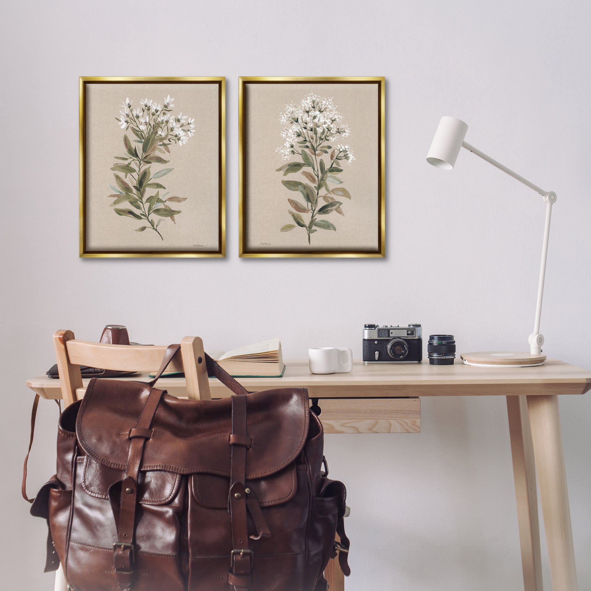 Stupell Industries Lovely White Floral Stem Plants & Flowers Painting Gold Floater Framed Canvas Art Print Wall Art, 17 x 21, Set of 2