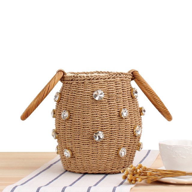 Bolsos de mano para mujer, bolso de mano tejido de paja con diamantes de imitación, bolso de playa, bolso (café)