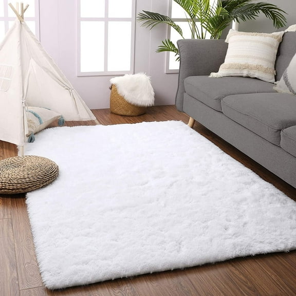 Homore Modern Shaggy Velvet Carpet for Living Room, 4' x 5.3' , White