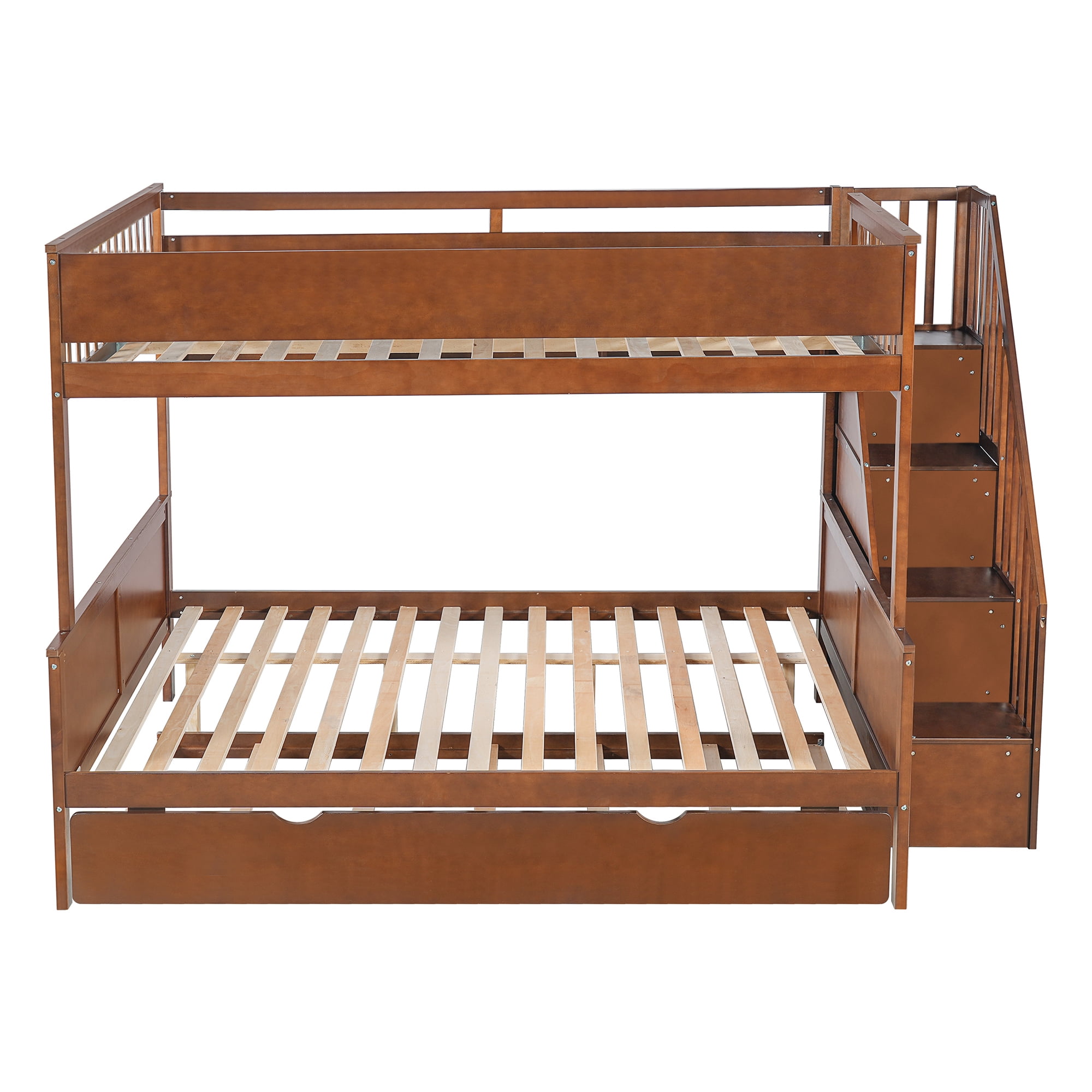 Euroco Full XL over Queen Bunk Bed with Storage Staircase and Shelves, Wood Bed with Trundle and LED Light, Walnut
