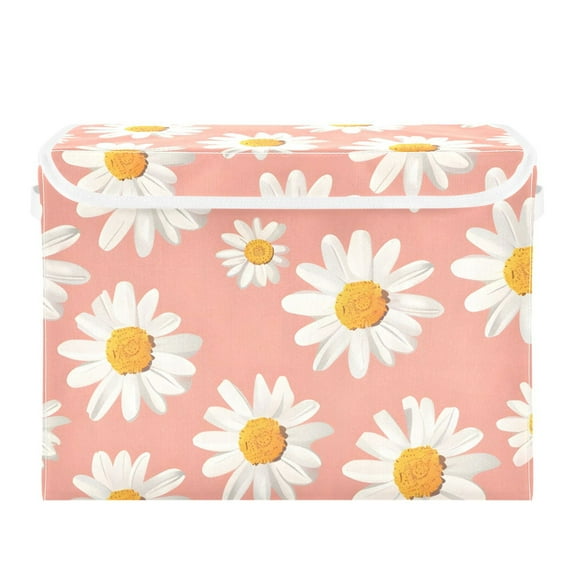 White Daisies Foldable Storage Bin with Lid and Handle Collapsible Storage Box 16.5 x 12.6 x 11.8 inches
