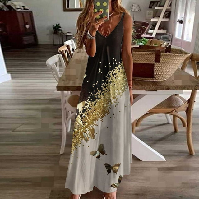 SMihono Robe Maxi Bohème d'Été pour Femmes Grande Taille Mode Féminine Décontractée d'Été avec Poches Sans Manches en Dentelle Imprimée Robe à Col en V Robe de Plage Évasée