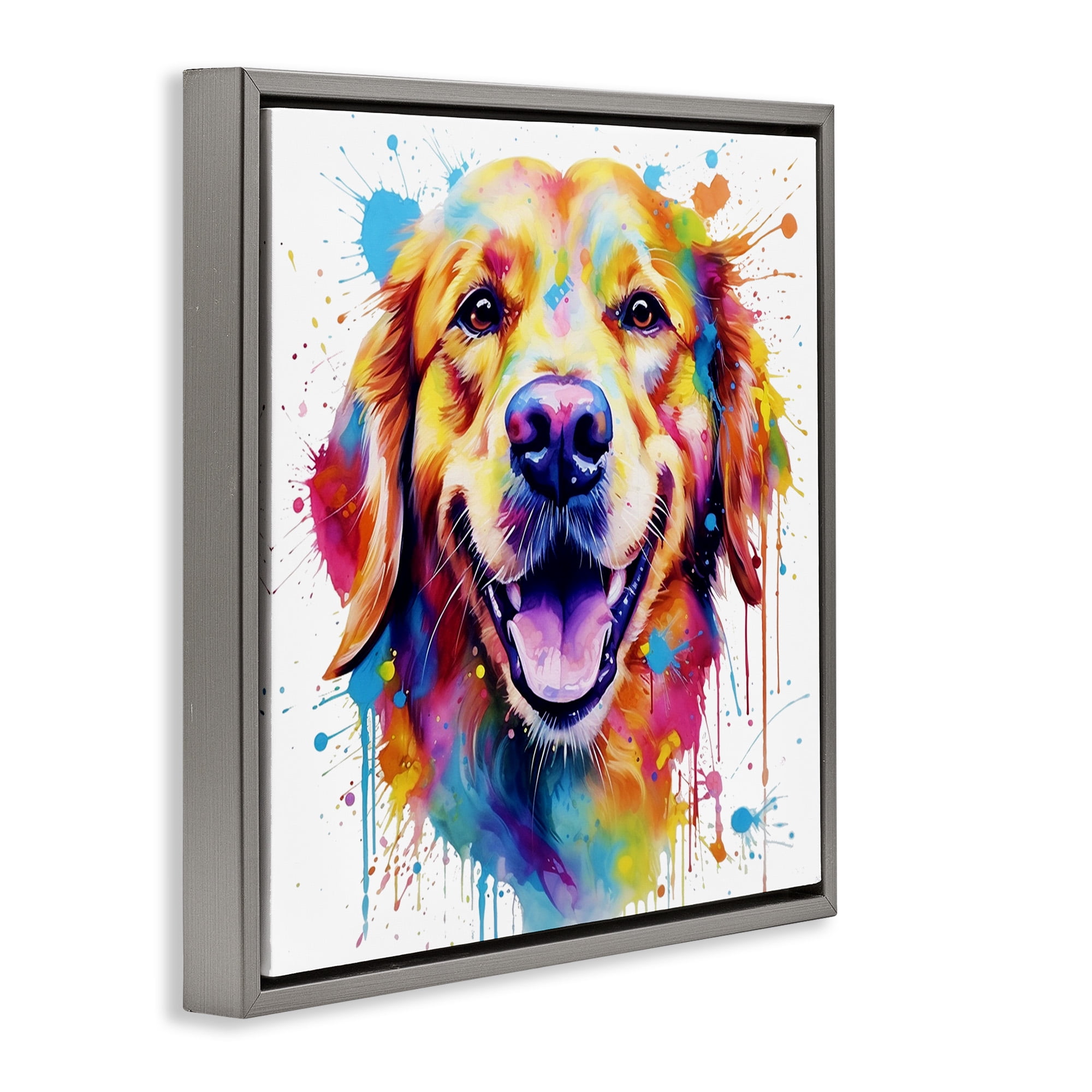 Stupell Industries Happy Dog Paint Drip Animals & Insects Painting Gray Floater Framed Canvas Art Print Wall Art, 25 x 25
