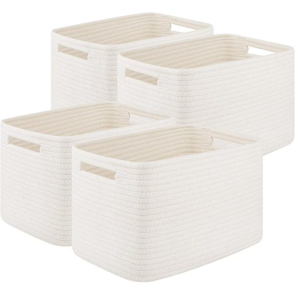 Storage Baskets for Organizing, Woven Decorative Baskets for Shelves - Books, Towels, and Clothes, Cotton Rope Toy Storage Bins, 12.7''Lx9''Wx7.8''H, Pack of 4, White