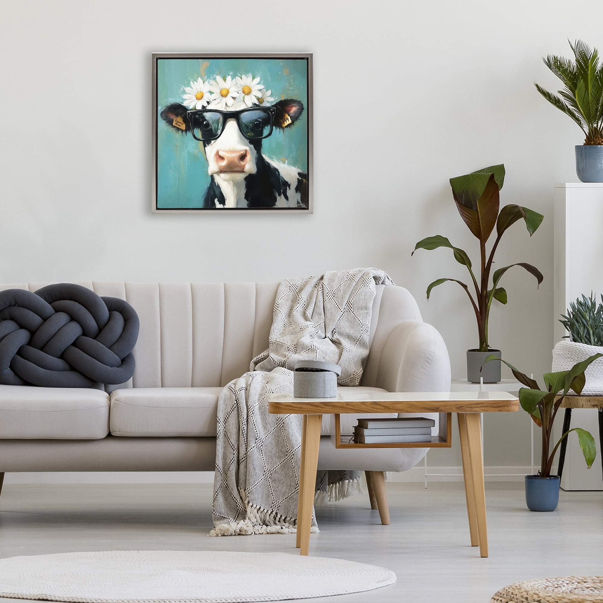 Stupell Industries Nerdy Nessie Cow Gray Framed Floater Canvas Wall Art, design by Tina LeCour