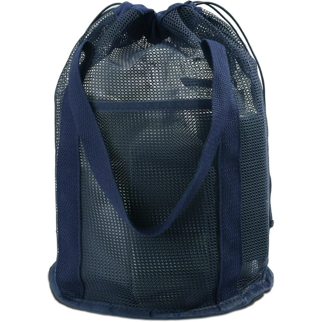 Roucerlin Portable Mesh Shower Caddy for Dorm Room Essentials, Hanging Bathroom Shower Tote Bag with Drawstring Side Pockets, Quick Dry Mesh Toiletry Bath Bag for Swimming Gym Beach Travel (Dark Blue)