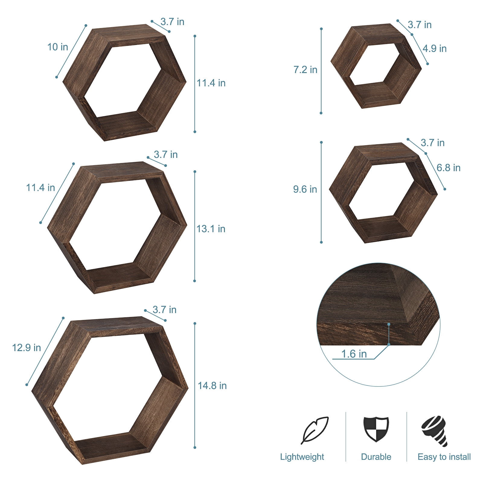 Hexagon Floating Shelves 5 Different Sizes Honeycomb Shelves for Wall, Brown