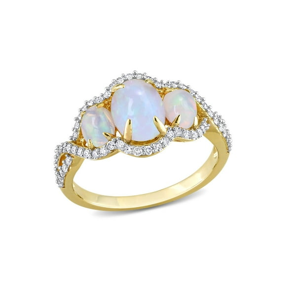 1.23 Carat (Ctw) Ethopian Blue Opal Three Stone Ring in 10K Yellow Gold with Diamonds for Women