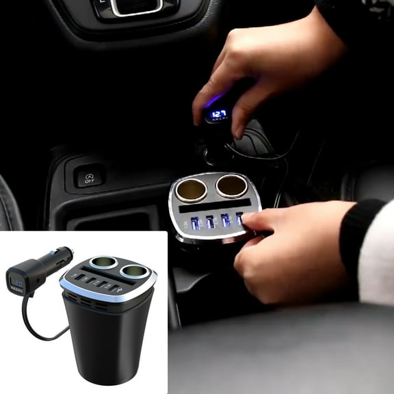 Car Inverter Charger Cup Shape | 120W 12V/24V Power Adapter with 4 USB Ports & 2 Socket Outlets | LED Voltage Display | ABS Build | Universal Vehicle Compatibility | 7.2A Multi-Device Charging