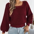 thumbnail image 4 of Women Plaid Knit Sweater Squares Neck Long Puff Sleeve Waist Cuffs Short Knitwear Pullover Tops for Casual Daily Wear Wine XL, 4 of 8