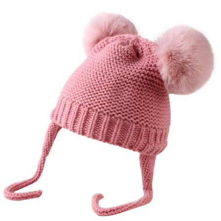 

YWDJ 0-1Years Toddler Warm Knitted Hat - Winter Kids Solid Color Double Ball Hair Ball Embroidery Kids Knitted Hat Pink
