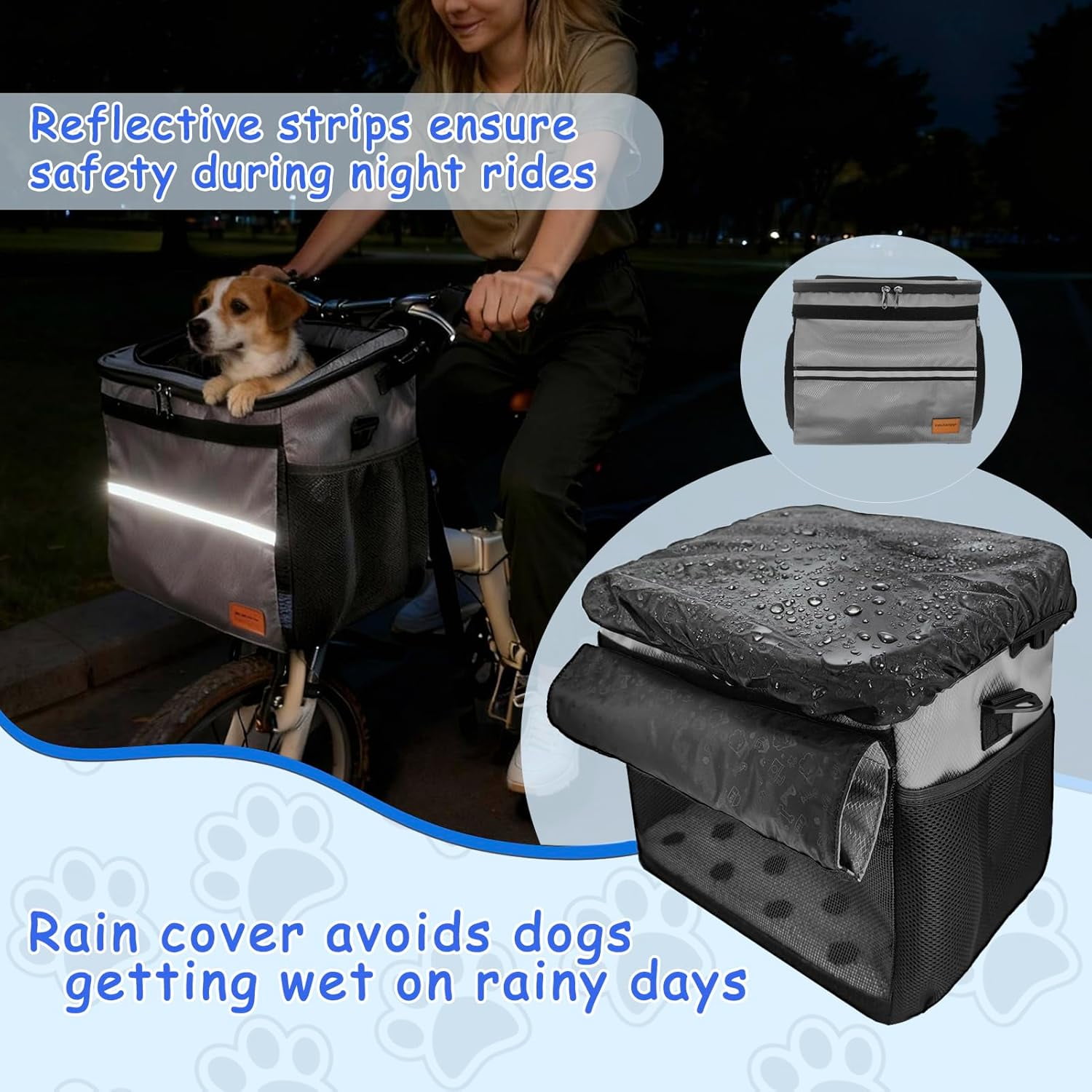 Dog Bike Basket  with Shoulder Strap, Breathable Pet Backpack for Small Dogs Cats Under 15lb, Gray Oxford Cloth Travel Bag with Rain Cover and Accessories