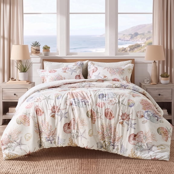 Regency Heights Coastal Comforter Set Full/Queen, 3-Piece Watercolor Seashell & Starfish Reversible Bedding Set, Nautical Ocean Comforter with Shams for All Season, Cream Ivory