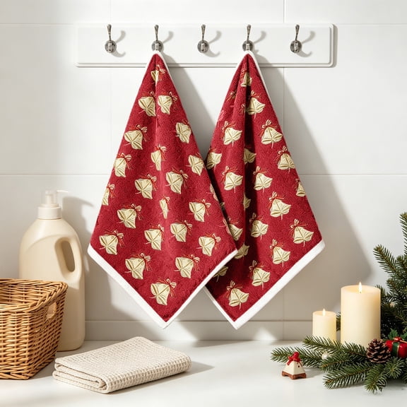 Fievgin Christmas Kitchen Towels Set of 2, Soft Absorbent Holiday Hand Towels with Bell Design for Bathroom Kitchen, 16x24"