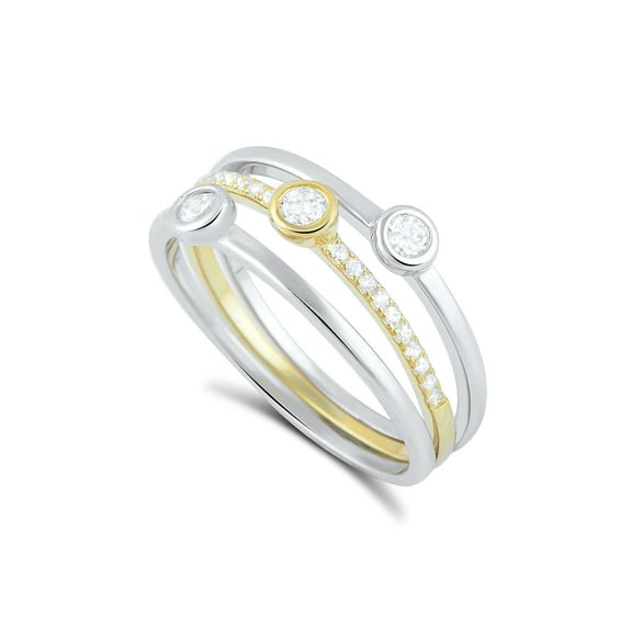 Two Tone Sterling Silver Cz Stacked Ring for Women and Teens - Size 4