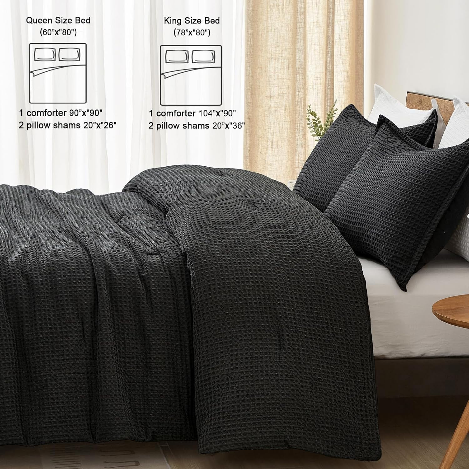 PHF 3-Piece Waffle Weave Comforter Set Queen Size, Lightweight Comfy Bedding Set for All Season, Ultra Soft Textured 1 Comforter with 2 Pillow Shams, Black