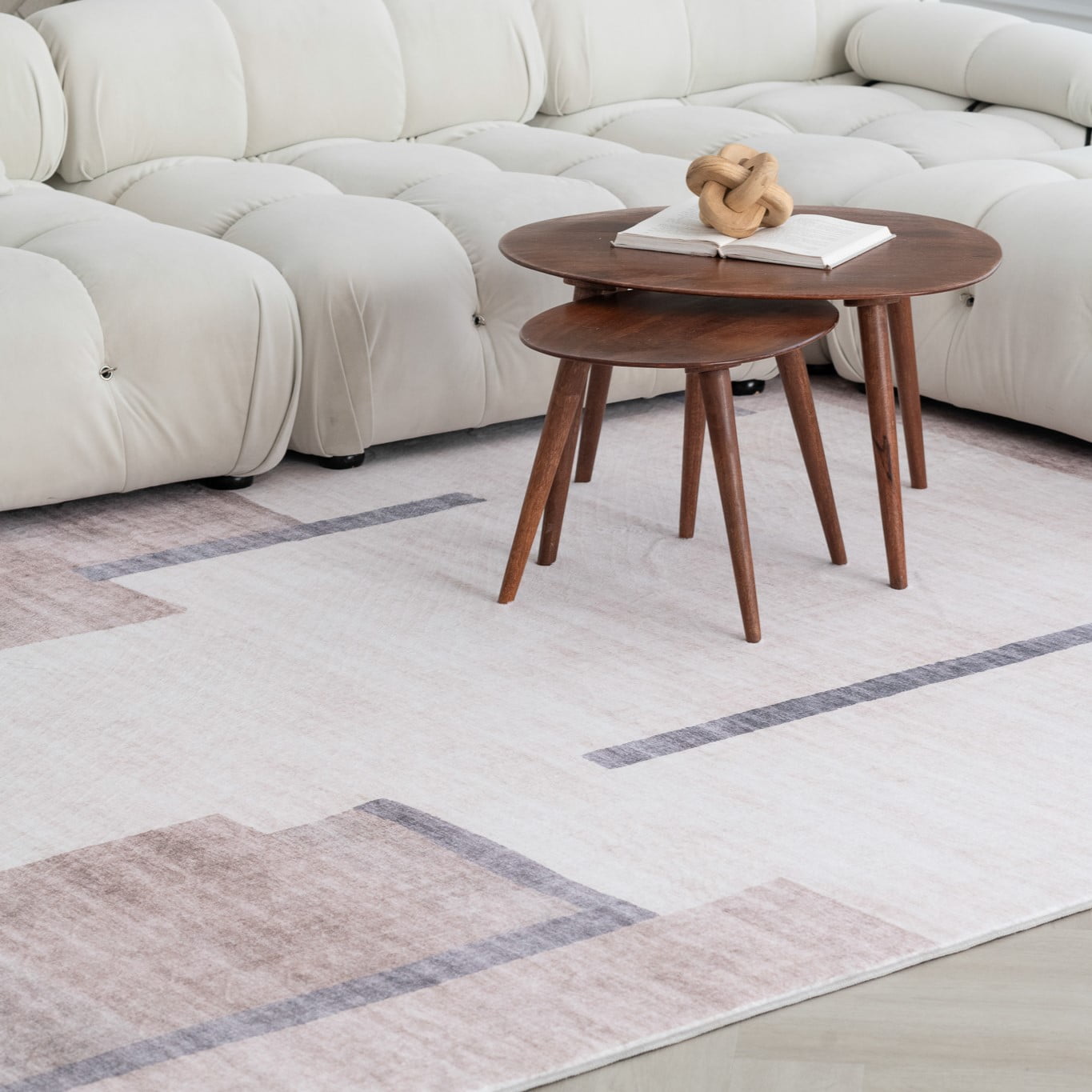 Tapis d'interieur moderne du milieu du siecle Rug Branch Eclipse, beige marron, motif geometrique - Salon, chambre, salle a manger et bureau