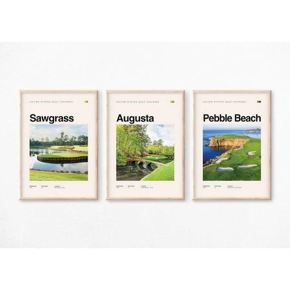 Luvia Golf Course Art Prints | Set Of 3 | Augusta, Sawgrass, Pinehurst, Modern Wall Decor Set 3 Prints 8x12 UNFRAMED