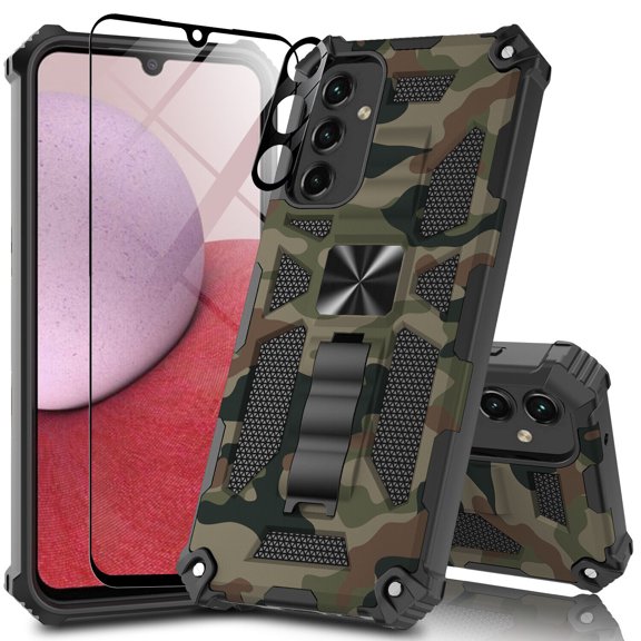 SPY CASE for Samsung Galaxy A14 5G Case w/2x Front and 1 Rear Camera Tempered Glass Screen Protector with Kickstand Phone Case Cover (Compatible w/Magnetic Car Mount) Green Camo