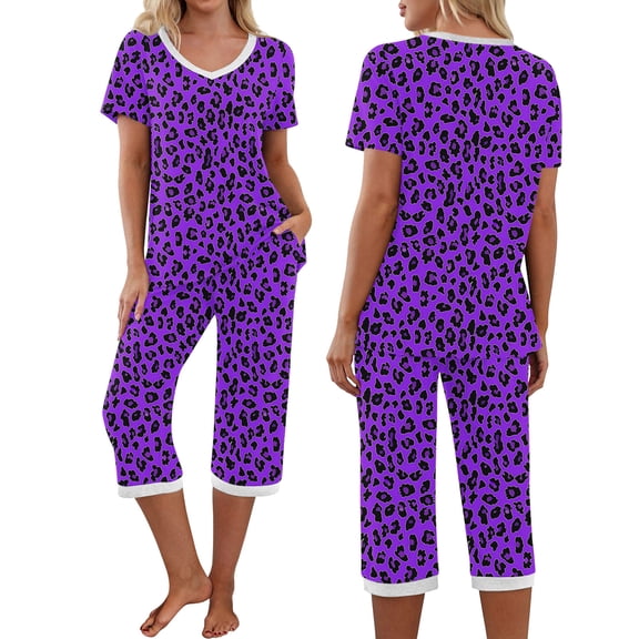 Lorytime Women's Loungewear Sets V Neck Short Sleeve T Shirts Elastic Waist Capri Pants with Pockets Printed Nightwear