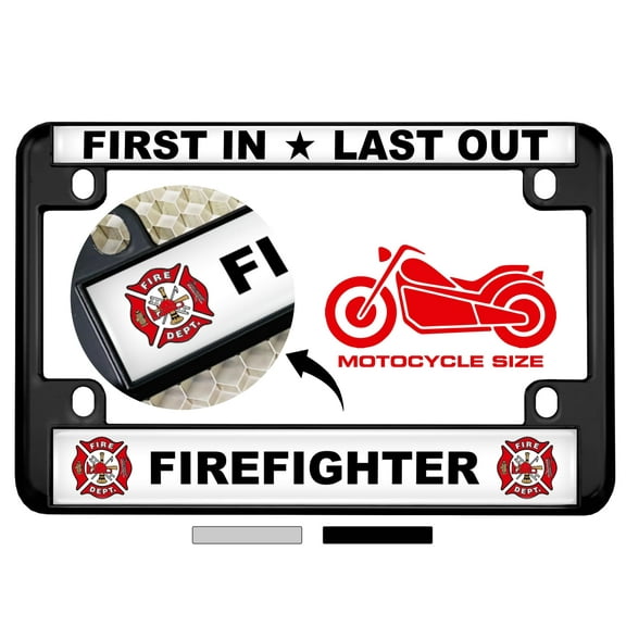 Motorcycle Metal License Plate Frame with Firefighter Design - Black