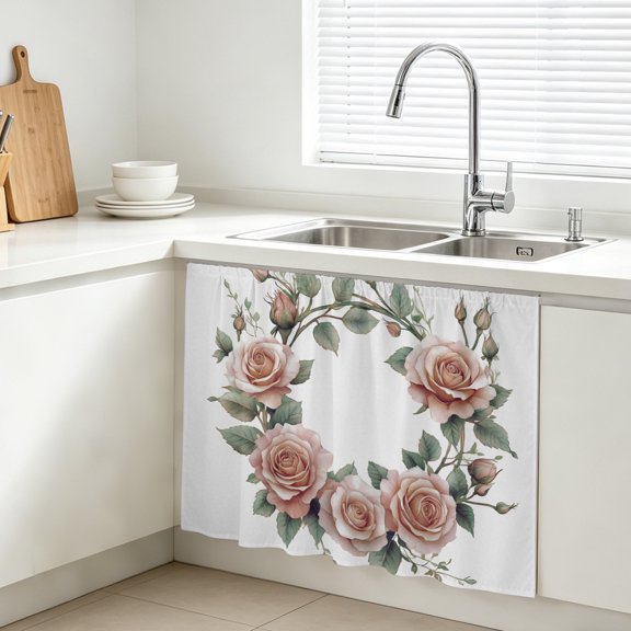 Pink Rose Cabinet Curtain, Watercolor Wreath Sink Skirt for Bathroom, Under Sink shelf Curtain Privacy Drape for Kitchen Laundry Room 11x13in