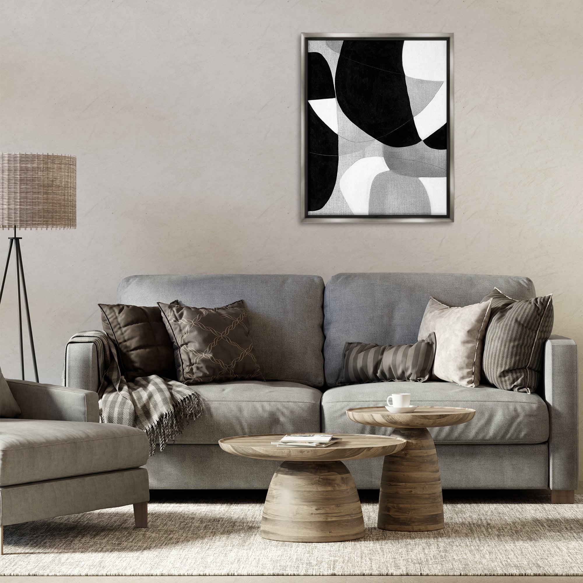 Stupell Industries Monochrome Oblong Shapes Abstract Painting Gray Floater Framed Canvas Art Print Wall Art, 25 x 31