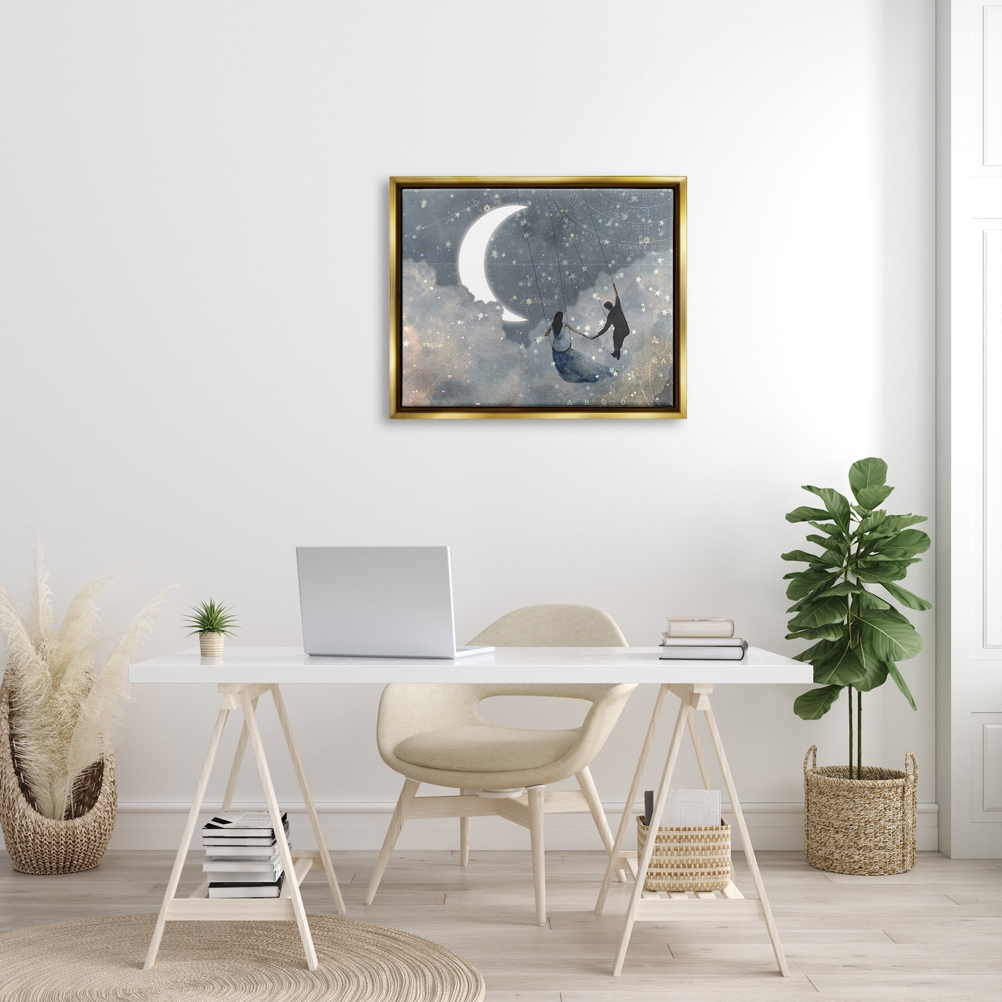 Stupell Industries Grey and Blue Celestial Love Sky Swinging by the Crescent Moon and Stars Metallic Gold Framed Floating Canvas Wall Art, 24x30, by Victoria Borges